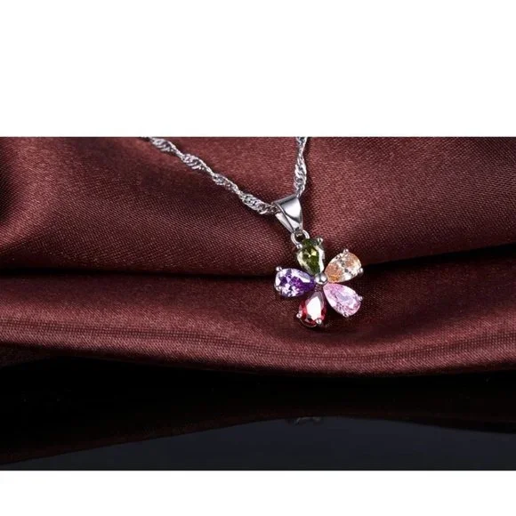 Cute Flower Multi Color 925 Sterling Silver Pendant Earrings And Necklace Set - Picture 6 of 9